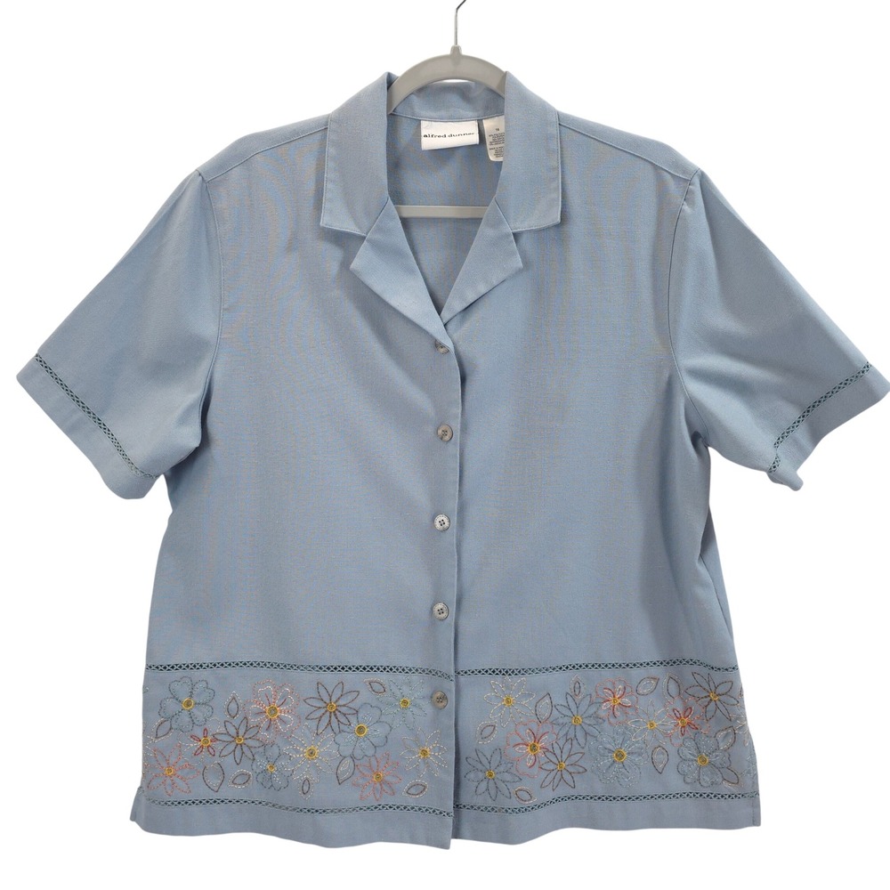 Alfred Dunner Button Down Floral Embroidered Blue Women 16 Coastal Grandma